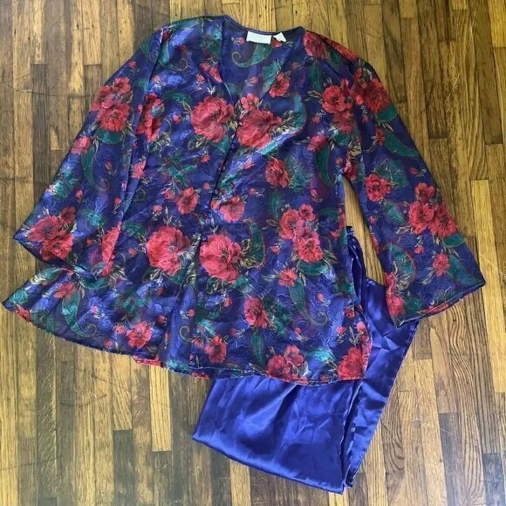 Vintage Gold Label Victoria Secret Small Satin Sheer Pajama Floral Button‎ Top